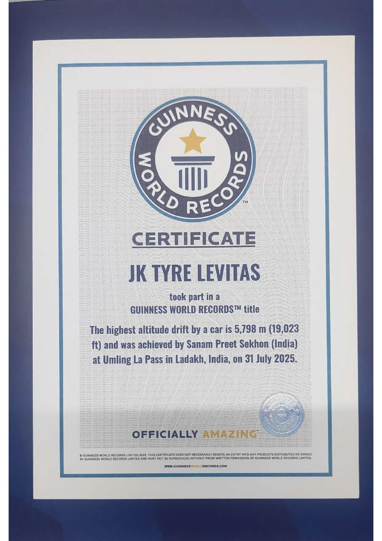 Sanam Sekhon & JK Tyre Levitas Drift into Guinness World Record Books at Umling La, Ladakh