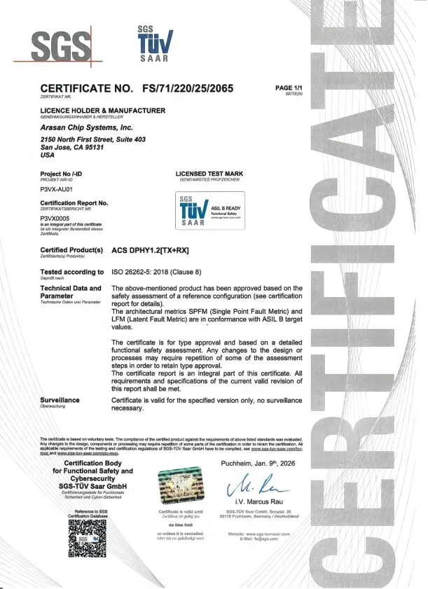 Arasan's ultra low power MIPI D-PHY IP achieves ISO26262 Certification