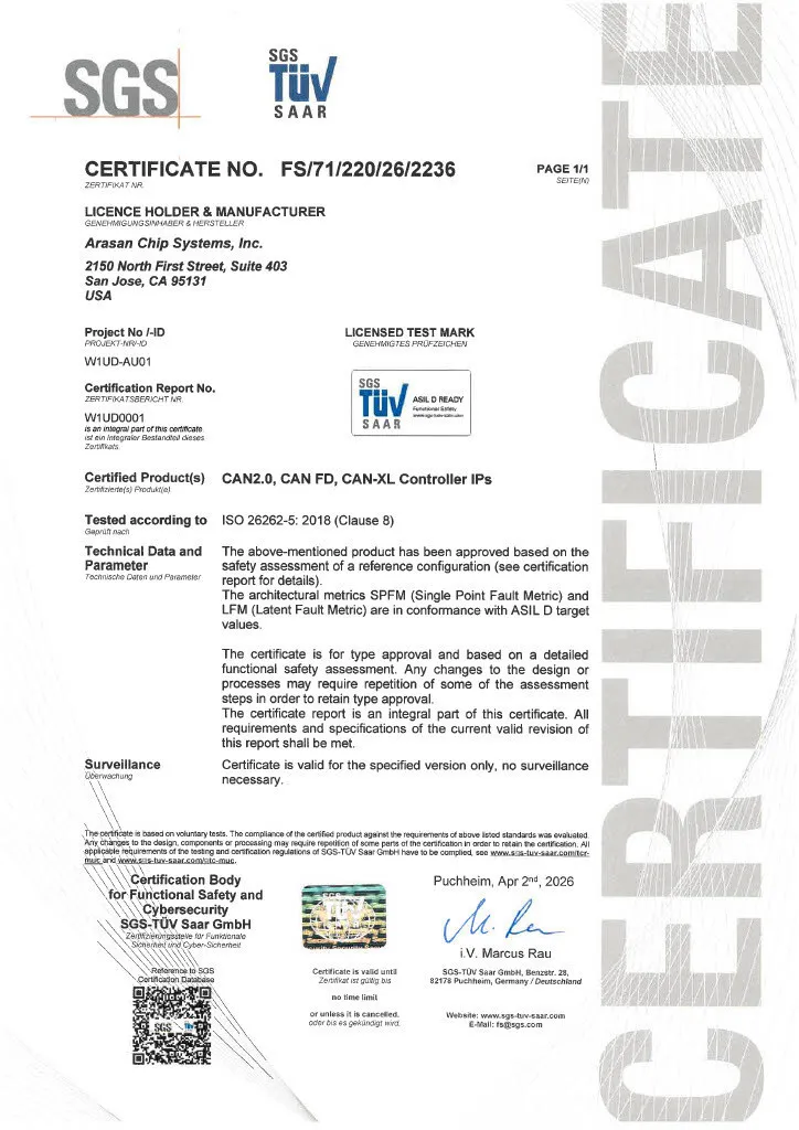 Arasan acheives the Industrys First ASIL-D Certification for its CAN XL IP Core